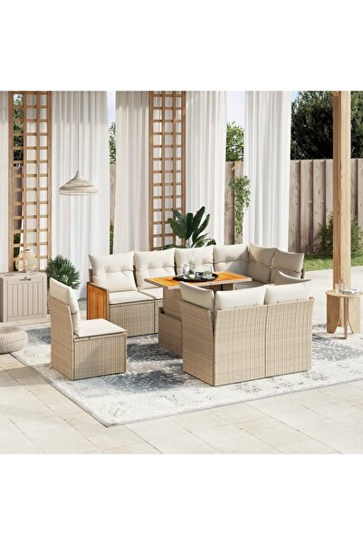 vidaxl Set canapele de gradina, 9 piese, cu perne, bej, poliratan