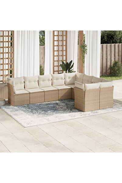 vidaxl Set canapele de gradina, 9 piese, cu perne, bej, poliratan
