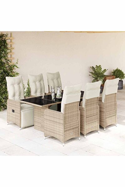 vidaxl Set bistro de gradina cu perne, 7 piese, maro, poliratan
