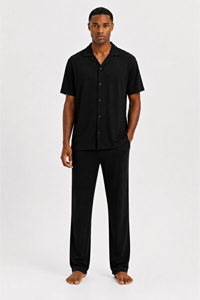 YUYİ Kly Modal Cotton Shirt Collar Front Buttoned Short Sleeves Men's Pajama Set
