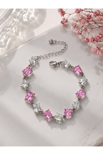 PORSE Xuping Fairy Steel Bracelet with Pink Cross-Cut Stones—Tarnish-Resistan...
