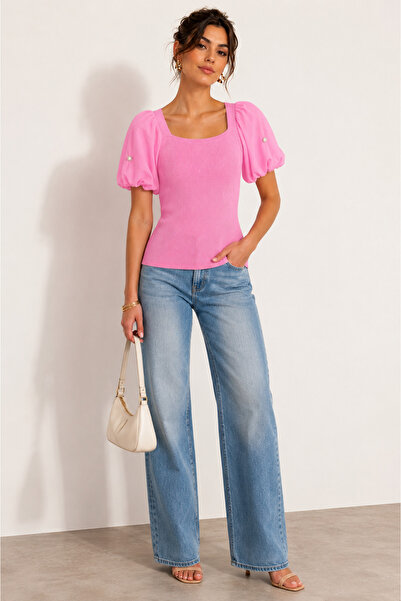 Diva Exclusive Fashion Pink blouse with puff sleeves and shiny appliqués