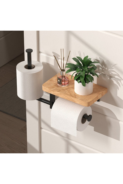 Viyogo Toilet paper holder made of steel and wood, 2 mounting options, black ...