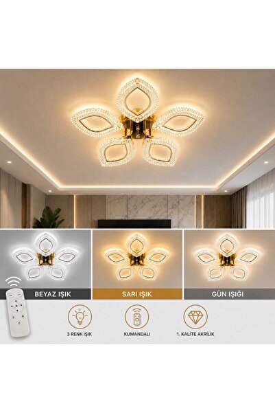 MARSEL PAPATYA 5li avize kumandalı 3 renk led ısıklı salon oturma odası avize