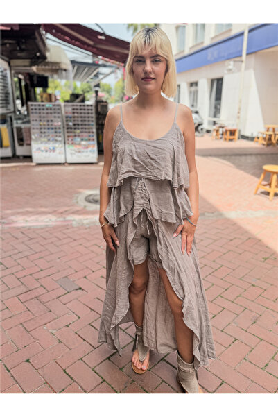 Miss Boheme Gray Color Italian Linen Shorts Tunic Set