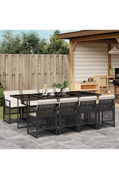 vidaxl Garden furniture set with cushions, 9 pieces, black, polyrattan