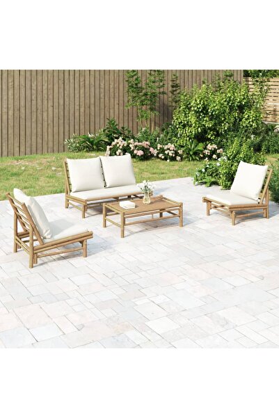 vidaxl Set mobilier de gradina, cu perne alb crem, 4 piese, bambus