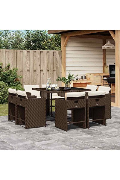 vidaxl Set mobilier de gradina cu perne, 9 piese, maro, poliratan
