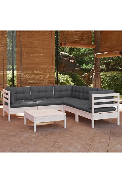 vidaxl Set mobilier de gradina cu perne, 6 piese, alb, lemn masiv pin