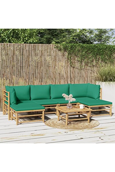vidaxl Set mobilier de gradina cu perne verzi, 7 piese, bambus