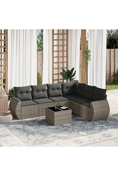 vidaxl Set canapele de gradina, 7 piese, cu perne, gri, poliratan