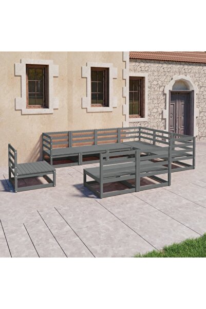 vidaxl Set mobilier de gradina, 9 piese, gri, lemn masiv de pin