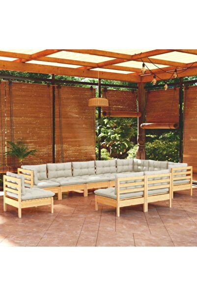 vidaxl Set mobilier gradina cu perne crem, 10 piese, lemn masiv de pin
