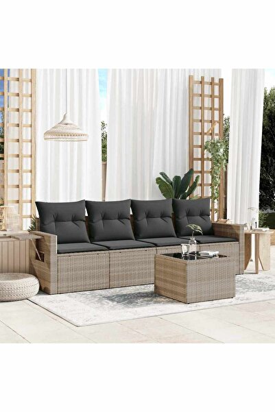 vidaxl Garden sofa set with cushions, 5 pieces, light grey, polyrattan