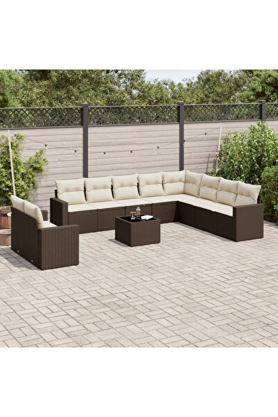 vidaxl Garden sofa set with cushions, 11 pieces, brown, polyrattan