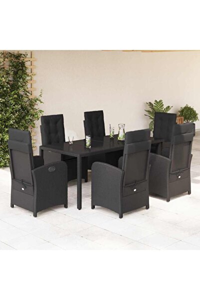 vidaxl Set mobilier de gradina cu perne, 7 piese, negru, poliratan