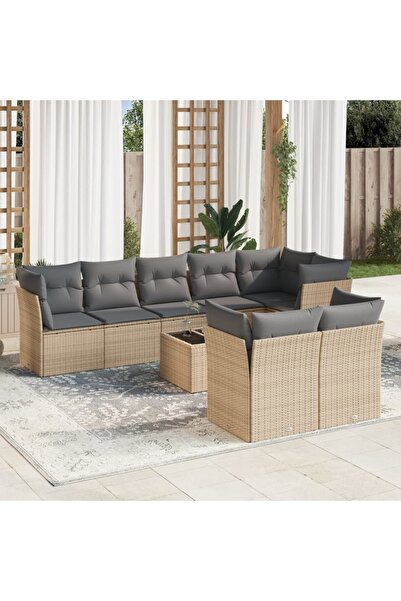 vidaxl Set canapele de gradina, 9 piese, cu perne, bej, poliratan