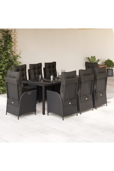vidaxl Garden furniture set with cushions, 9 pieces, black, polyrattan