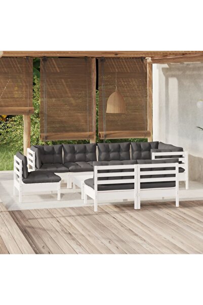vidaxl Set mobilier gradina cu perne, 9 piese, alb, lemn masiv pin