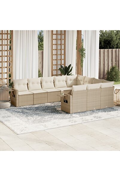 vidaxl Garden sofa set with cushions, 10 pieces, beige, polyrattan