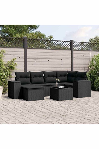 vidaxl Garden sofa set with cushions, 7 pieces, black, polyrattan