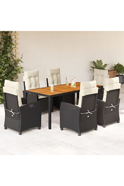 vidaxl Garden furniture set with cushions, 7 pieces, black, polyrattan