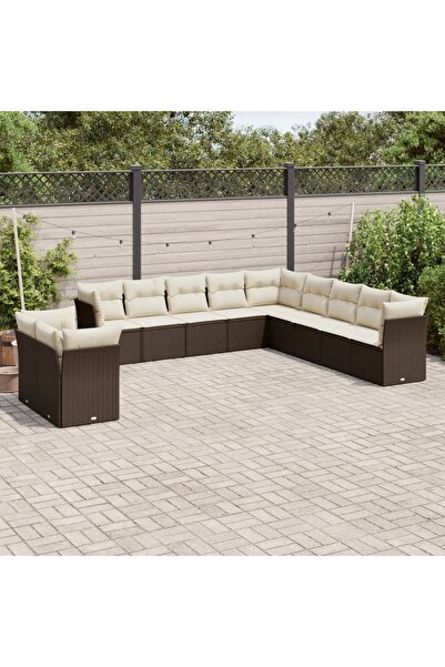 vidaxl Garden sofa set with cushions, 11 pieces, brown, polyrattan