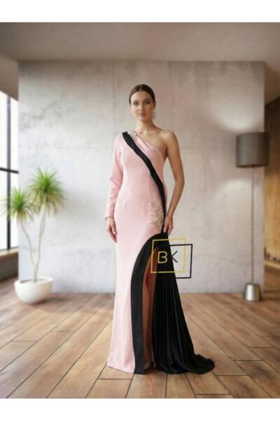 Generic One-shoulder evening dress with contrasting geometric design