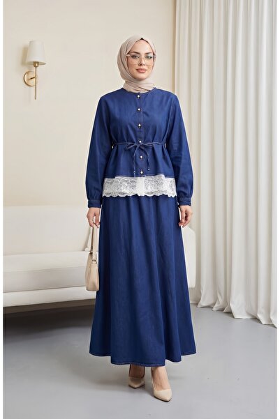 HİJABAYA Costum din denim cu mânecă lungă, cu guler rotund, detaliu din dante...