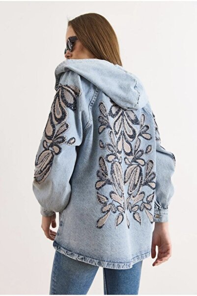 Hilals Butik Açık Mavi Kapüşonlu Cepli Payet İşlemeli Oversize Denim Ceket