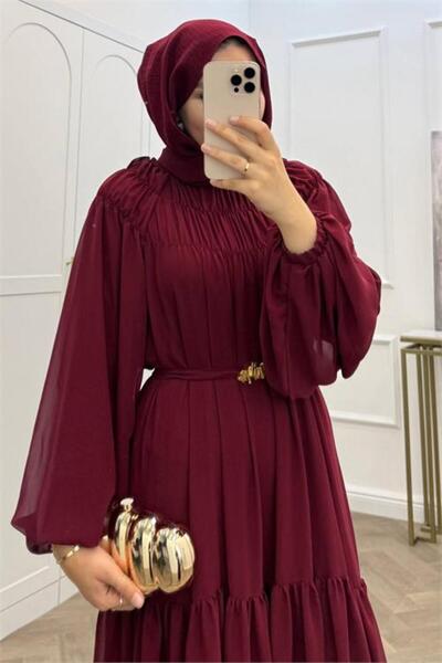 Neşeli Butik Γυναικείο μπορντό φόρεμα χιτζάμπ από σιφόν με μανίκια μπαλόνι κα...
