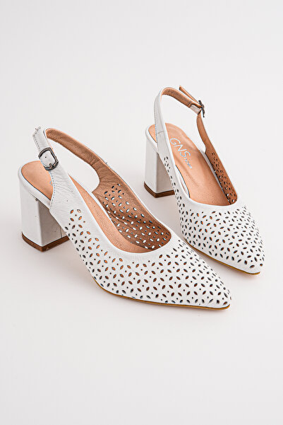 GNS Shoes Verano White Skin Genuine Leather Women's Thick Heeled Sandals