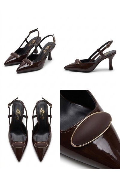 Moira Shoes Brown Patent Leather Design Buckle Open Back Goblet Heeled Evening Dress Shoes 41-42 Special Size