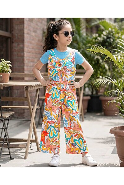 Ollington St. Cotton Lycra Rib Floral Printed Dungaree & Half Sleeves Inner T...