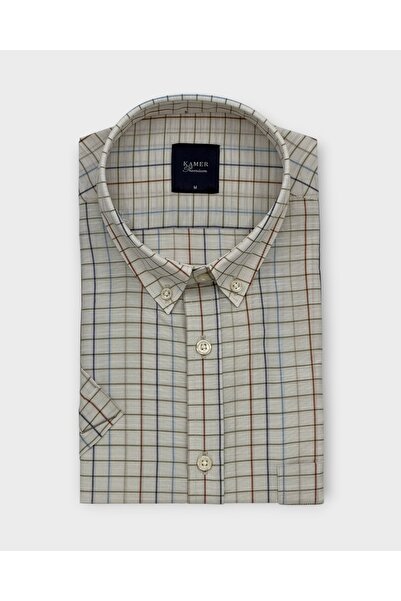 KAMER Men's Regular Fit Short Sleeve Button-Up Collar Multicolor Plaid Ecru S...