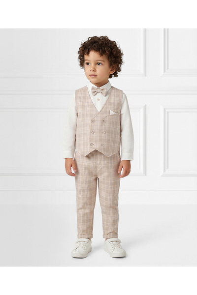 Mark & Mia Checkered Full Sleeves Party Suit With Waist Coat - White/Beige