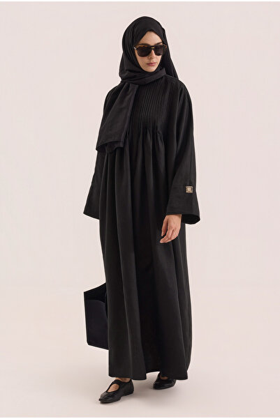 HEQA Nervür Detaylı Keten Abaya Siyah