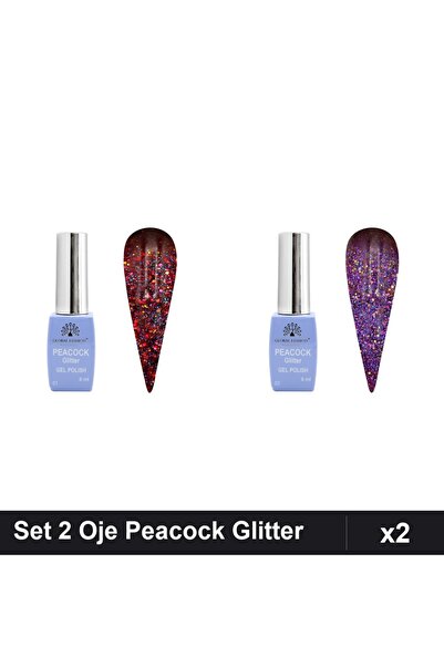 Makeup Set 2 Oje Semipermanente Peacock Glitter 8ml, Nuante 01 02, Manichiură...