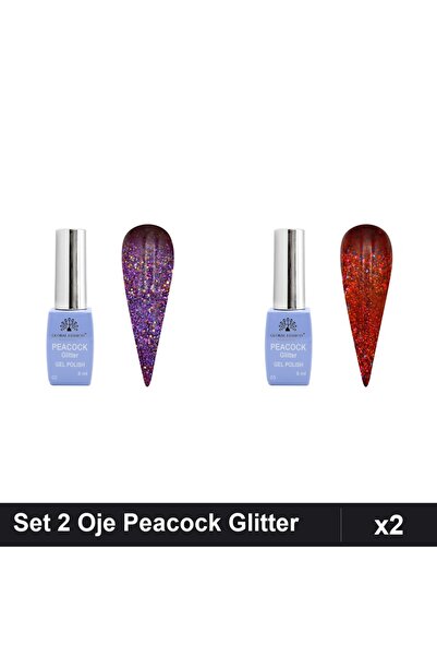 Makeup Set 2 Oje Semipermanente Peacock Glitter 8ml, Nuante 02 05, Manichiură...