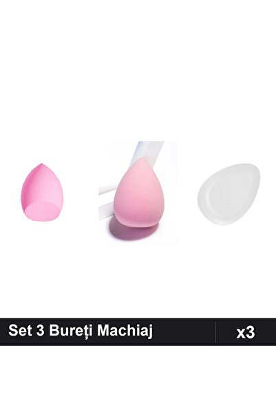 Makeup Set 3 Bureți Machiaj Extra-Soft și Silicon, Roz și Transparent, Aplica...