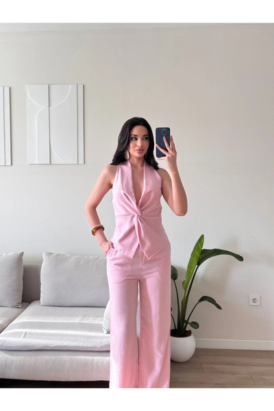 Zoom Butik Ön Burgu Keten İkili Takım - PEMBE