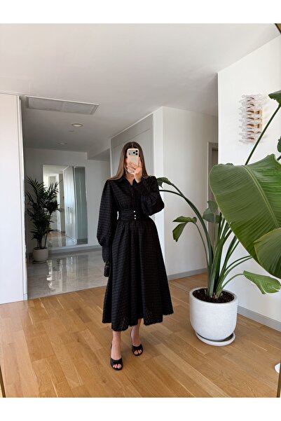 MERVE AKSOY Dantel Motifli Brode Elbise - Siyah