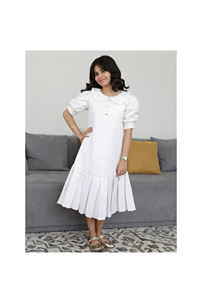Totikids Girls' white jacquard dress with pearl collar and elegant bottom ple...