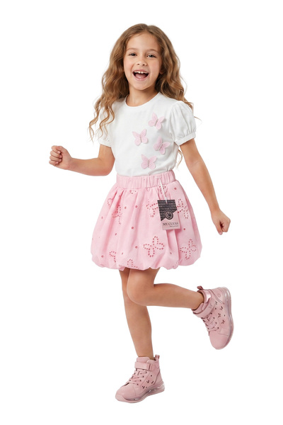 mycuess Girl's 2-Piece Set Butterfly Detailed T-Shirt Balloon Skirt 6-9 Years