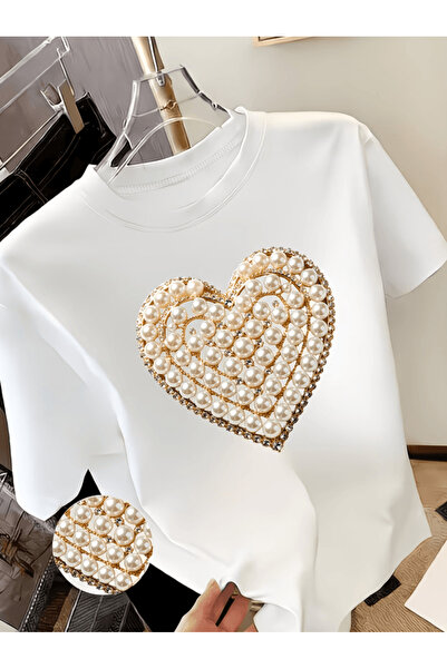 one button Tricou supradimensionat premium cu imprimeu inimă de perle cu mode...