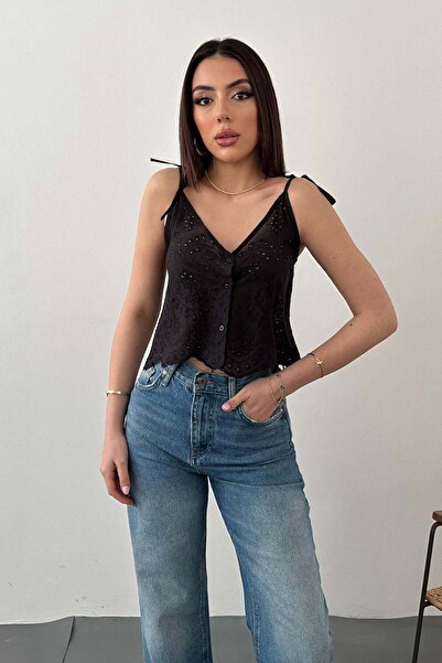 Caddebostan Moda Women's Brode Embroidered Rope Strap Lace-Up Buttoned Crop B...