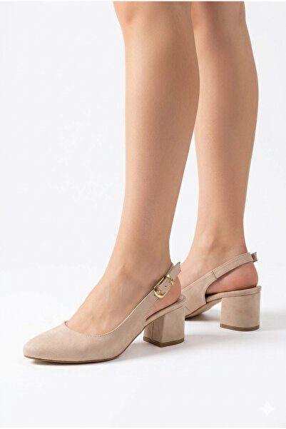 Lidora Women's Cream Suede Thick Heeled Shoes Ayk2132