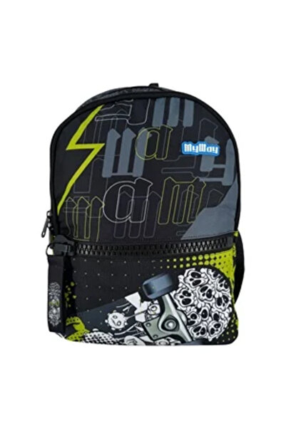 Zumzeria Rucsac mare cu fermoar, negru-verde, cu cranii de skateboard - My Way