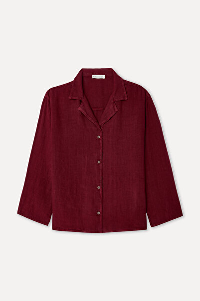 Mudo Women's Burgundy Oversize Resort Collar Linen Shirt