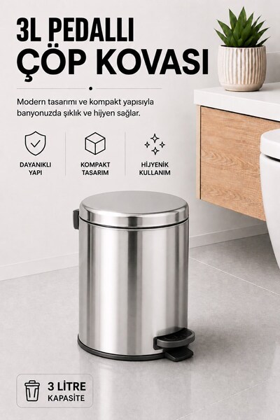 Sas Haus Pedallı Çöp Kovası 3 Litre İç Kovalı Kapaklı Banyo Çöp Kutusu Krom -...